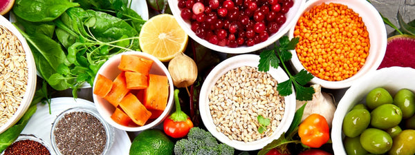 High fiber foods chart for constipation showing fruits, vegetables and grains.