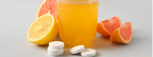 Wellbeing Nutrition vitamin C and zinc tablets next to fresh oranges and nuts, highlighting their immune-boosting benefits.
