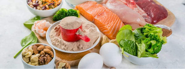 A platter showing various food rich in creatine, like salmon, beef, and eggs, for muscle growth. 