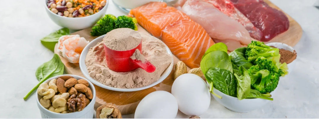A platter showing various food rich in creatine, like salmon, beef, and eggs, for muscle growth. 