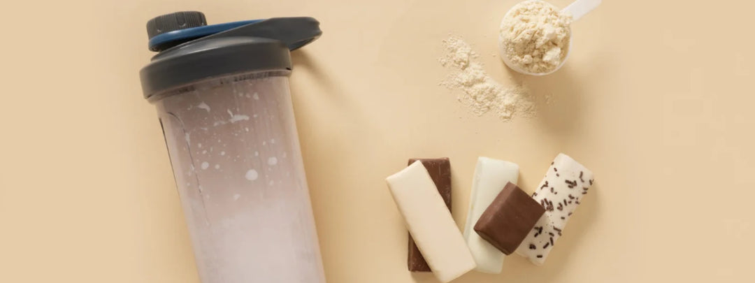 Dark chocolate protein powder scoop with chocolate pieces and workout equipment. 