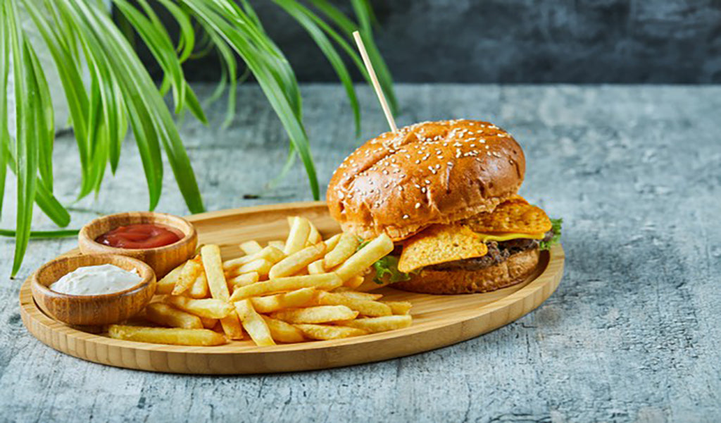 Big Burger With Fry Potato Wooden Plate Marble Surface