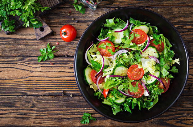 Salad Tomatoes Cucumber Red Onions Lettuce Leaves