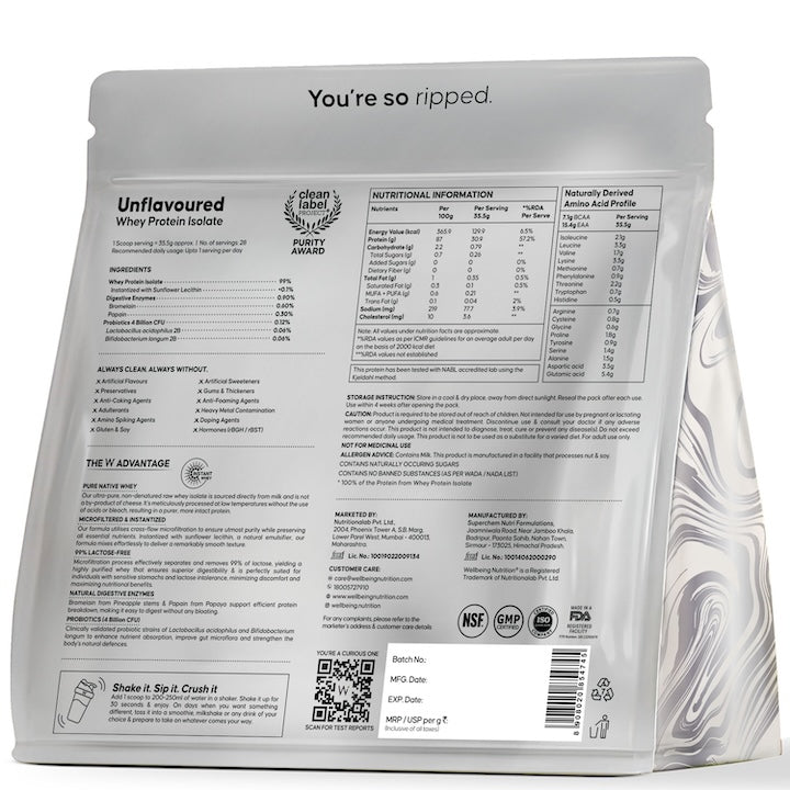 back side of whey protein pack showing ingredients