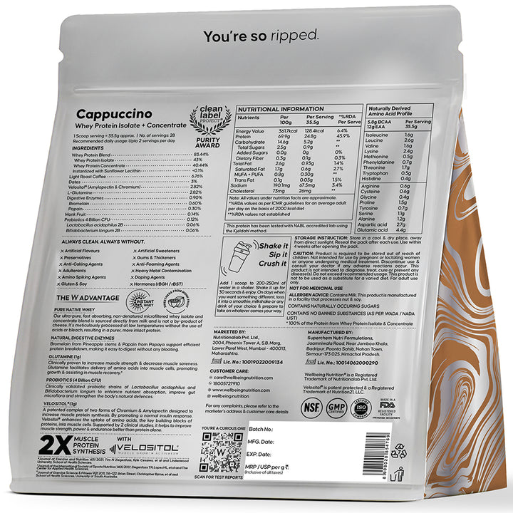 Whey Protein Isolate + Concentrate 24g | 1kg| 4B CFU Probiotics | Cappuccino