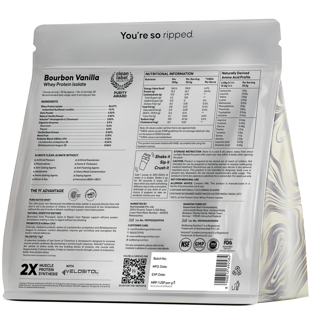 Whey Protein Isolate 26g | 1kg | 4B CFU Probiotics | Bourbon Vanilla
