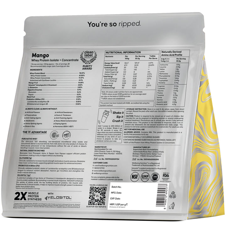 Whey Protein Isolate + Concentrate 24g | 1kg | 4B CFU Probiotics | Mango Flavoured