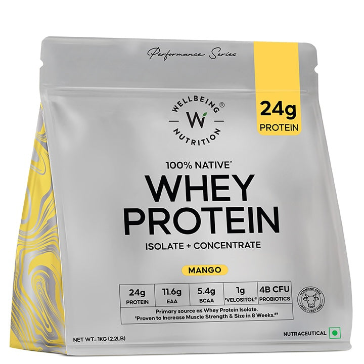 Whey Protein Isolate + Concentrate 24g | 1kg | 4B CFU Probiotics | Mango Flavoured