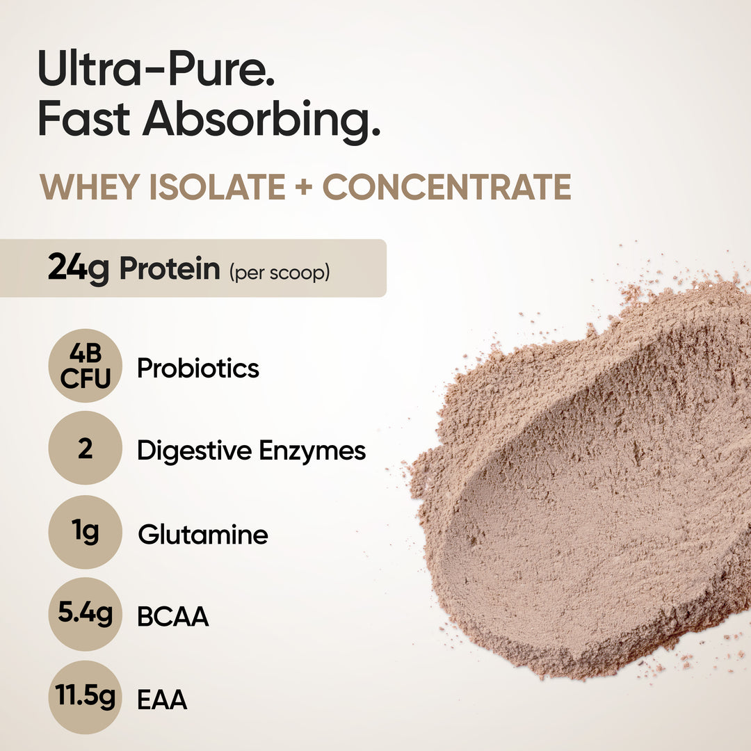 Whey Protein Isolate + Concentrate 24g | 1kg | 4B CFU Probiotics | Swiss Chocolate