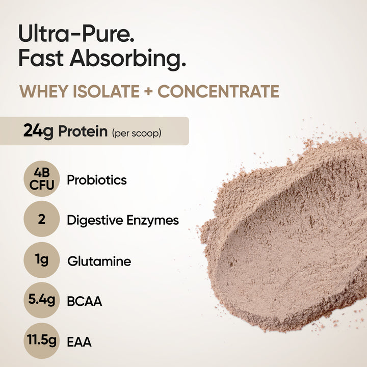 Whey Protein Isolate + Concentrate 24g | 1kg | 4B CFU Probiotics | Swiss Chocolate