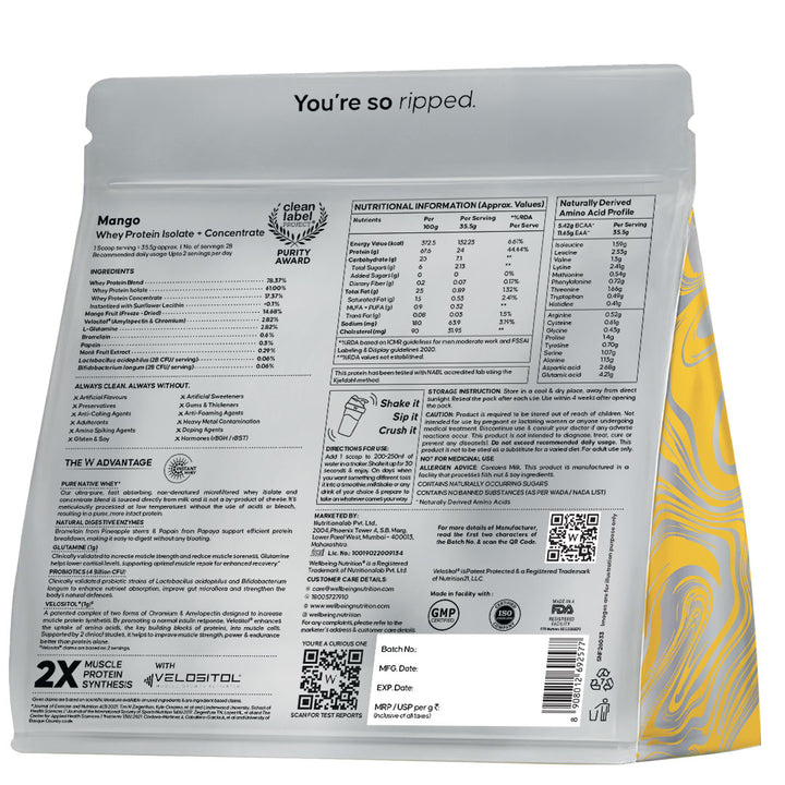 Whey Protein Isolate + Concentrate 24g | 1kg | 4B CFU Probiotics | Mango Flavoured