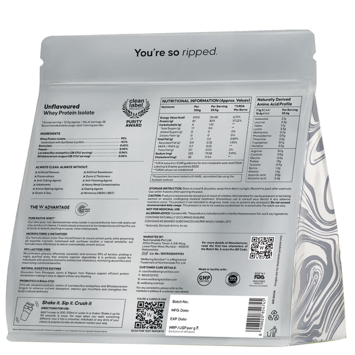 Whey Protein Isolate 31g | 1kg | 4B CFU Probiotics | Unflavoured