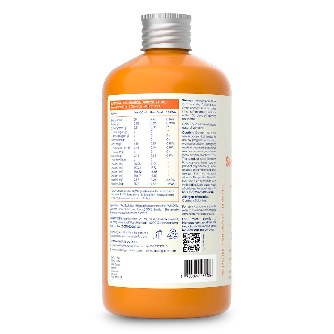 back label of sea buckthorn juice bottle