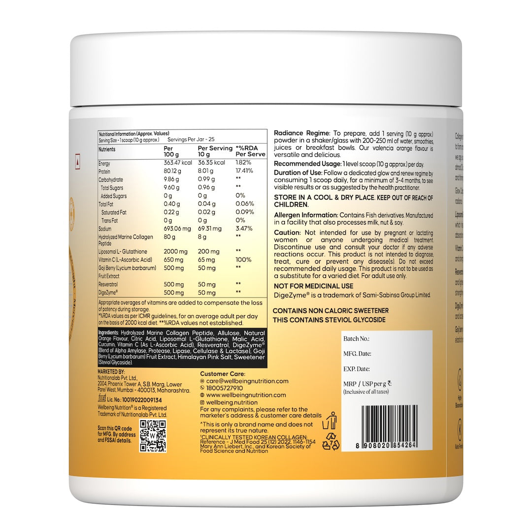 Glow Korean Marine Collagen Peptides with Liposomal Glutathione & Vitamin C | Valencia Orange Flavour | 250g