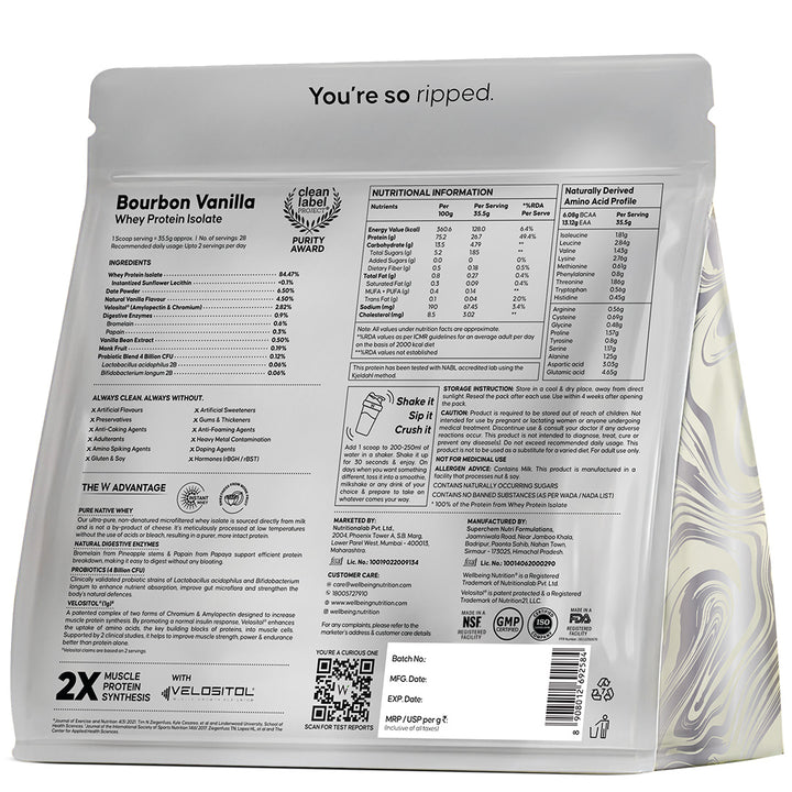 Whey Protein Isolate 26g | 1kg | 4B CFU Probiotics | Bourbon Vanilla