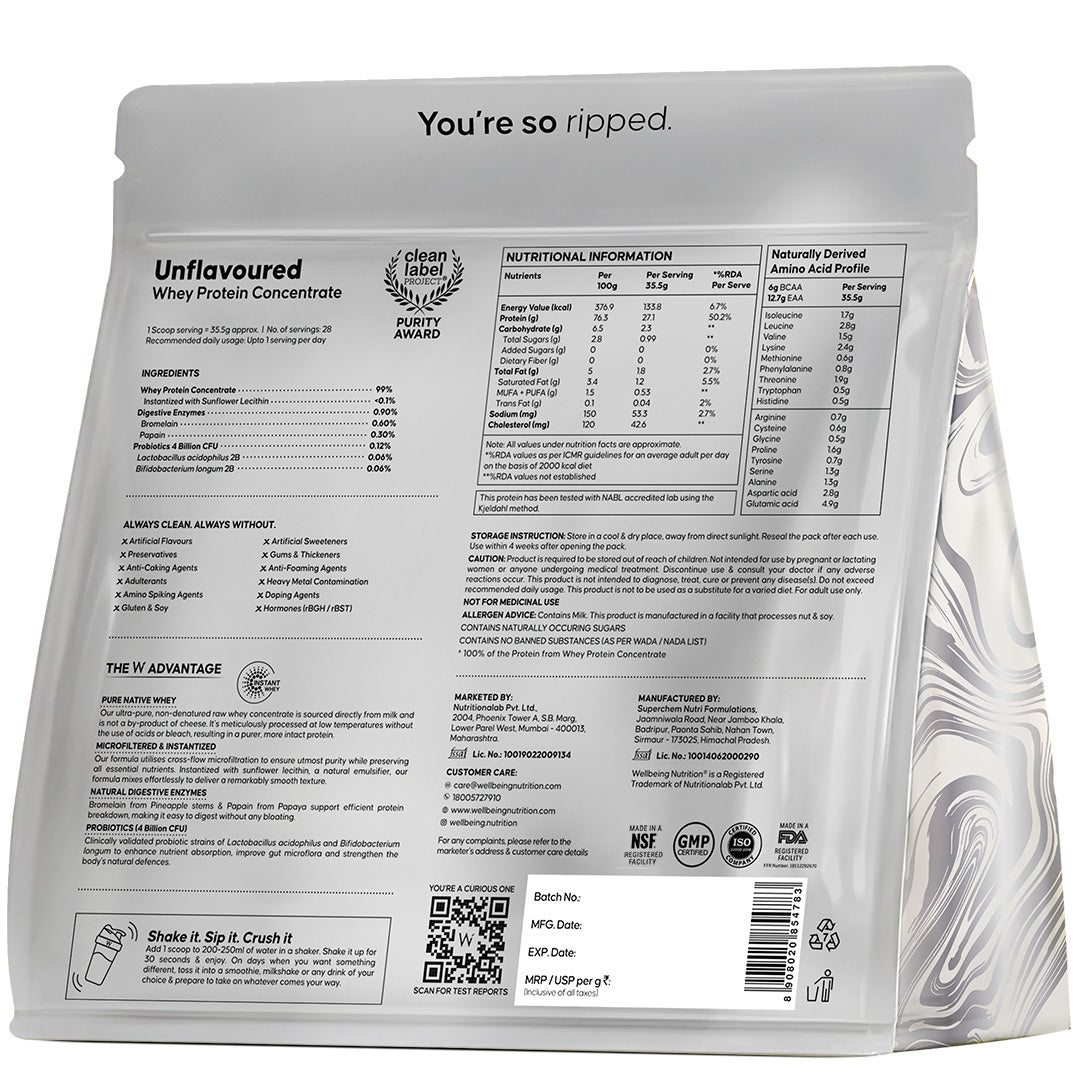 Whey Protein Concentrate 27g | 1kg | 4B CFU Probiotics | Unflavoured