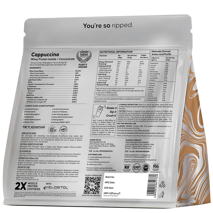 Whey Protein Isolate + Concentrate 24g | 1kg| 4B CFU Probiotics | Cappuccino