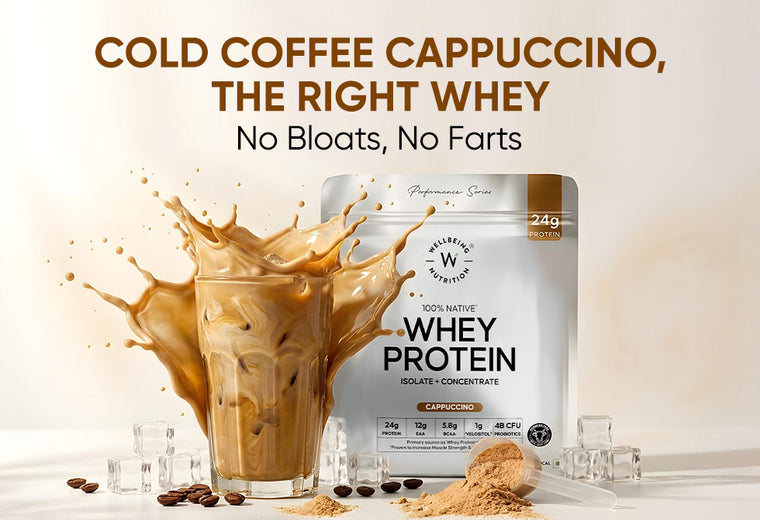 whey protein cold coffee cappuccino flavour with a glass