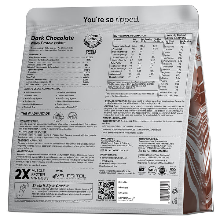 Whey Protein Isolate 26g | 2kg |  4B CFU Probiotics | Dark Chocolate