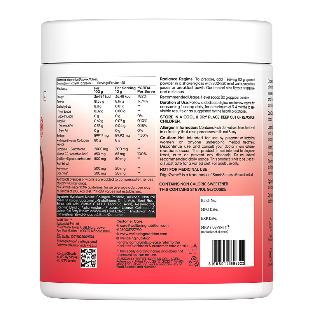 Glow Korean Marine Collagen Peptides with Liposomal Glutathione & Vitamin C | Tropical Bliss Flavour | 250g