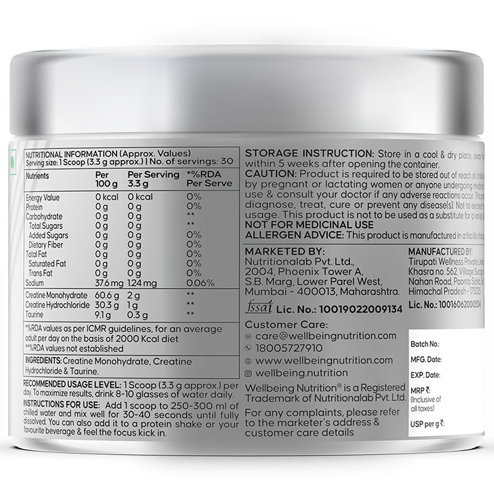 Unflavoured Creatine Monohydrate and HCL with Taurine ingredients 