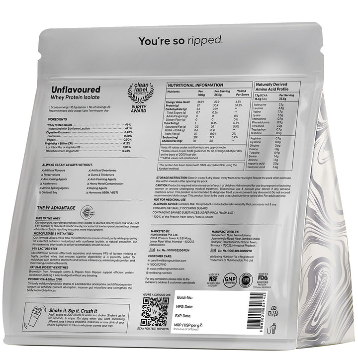 Whey Protein Isolate 31g | 1kg | 4B CFU Probiotics | Unflavoured