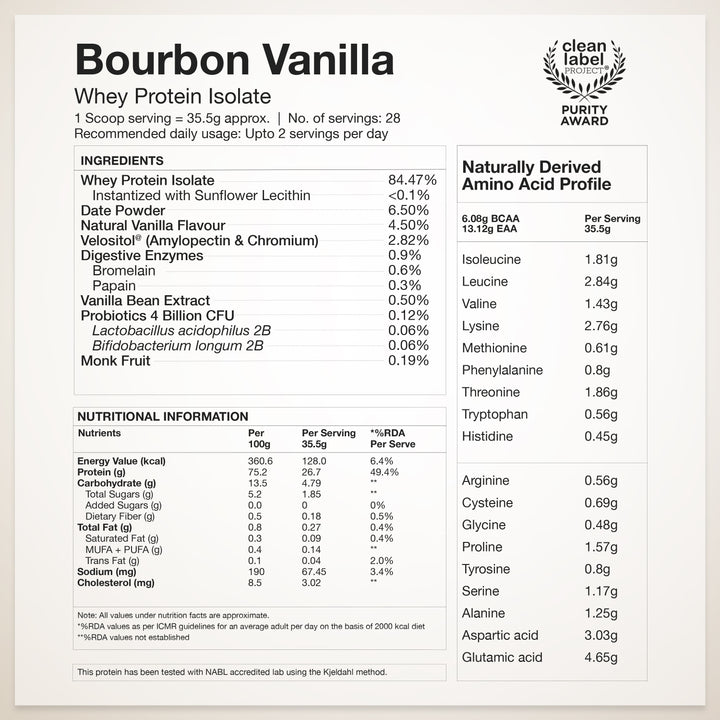 Whey Protein Isolate 26g | 1kg | 4B CFU Probiotics | Bourbon Vanilla