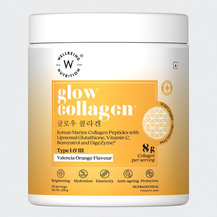 Glow Korean Marine Collagen Peptides with Liposomal Glutathione & Vitamin C | Valencia Orange Flavour | 250g