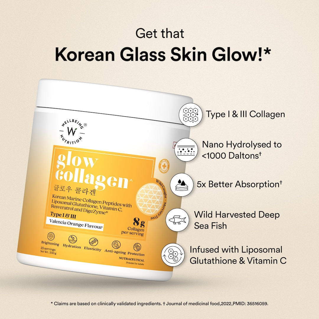 Glow Korean Marine Collagen Peptides with Liposomal Glutathione & Vitamin C | Valencia Orange Flavour | 250g