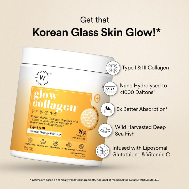 Glow Korean Marine Collagen Peptides with Liposomal Glutathione & Vitamin C | Valencia Orange Flavour | 250g