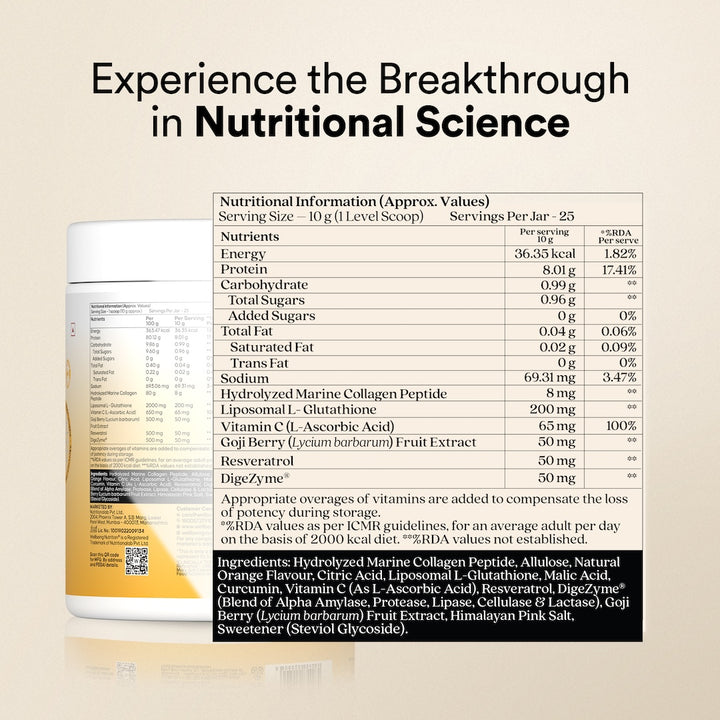 Glow Korean Marine Collagen Peptides with Liposomal Glutathione & Vitamin C | Valencia Orange Flavour | 250g