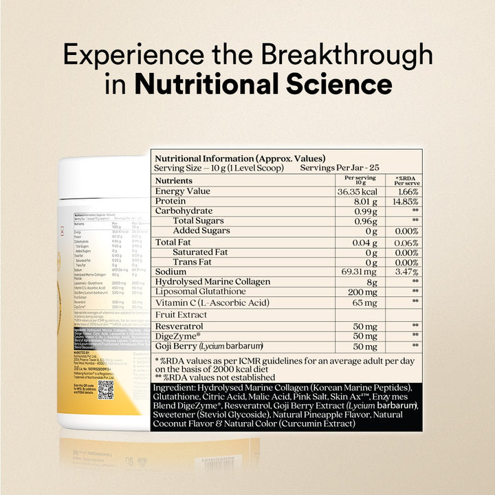 Glow Korean Marine Collagen Peptides with Liposomal Glutathione & Vitamin C | Valencia Orange Flavour | 250g