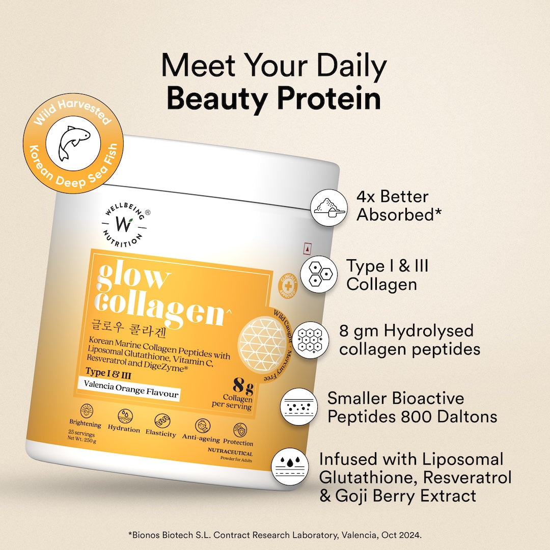Glow Korean Marine Collagen Peptides with Liposomal Glutathione & Vitamin C | Valencia Orange Flavour | 250g