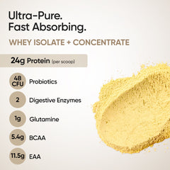 Whey Protein Isolate + Concentrate 24g | 1kg | 4B CFU Probiotics | Mango Flavoured
