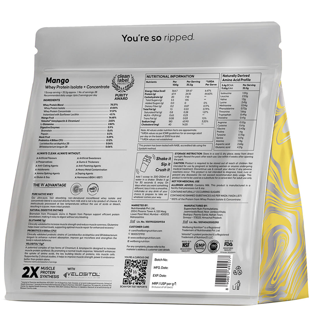 Whey Protein Isolate + Concentrate 24g | 1kg | 4B CFU Probiotics | Mango Flavoured