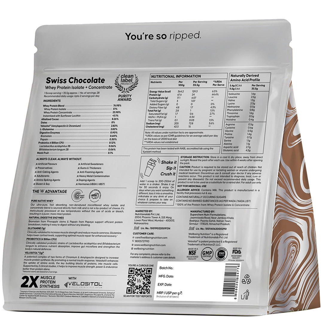 Whey Protein Isolate + Concentrate 24g | 1kg | 4B CFU Probiotics | Swiss Chocolate