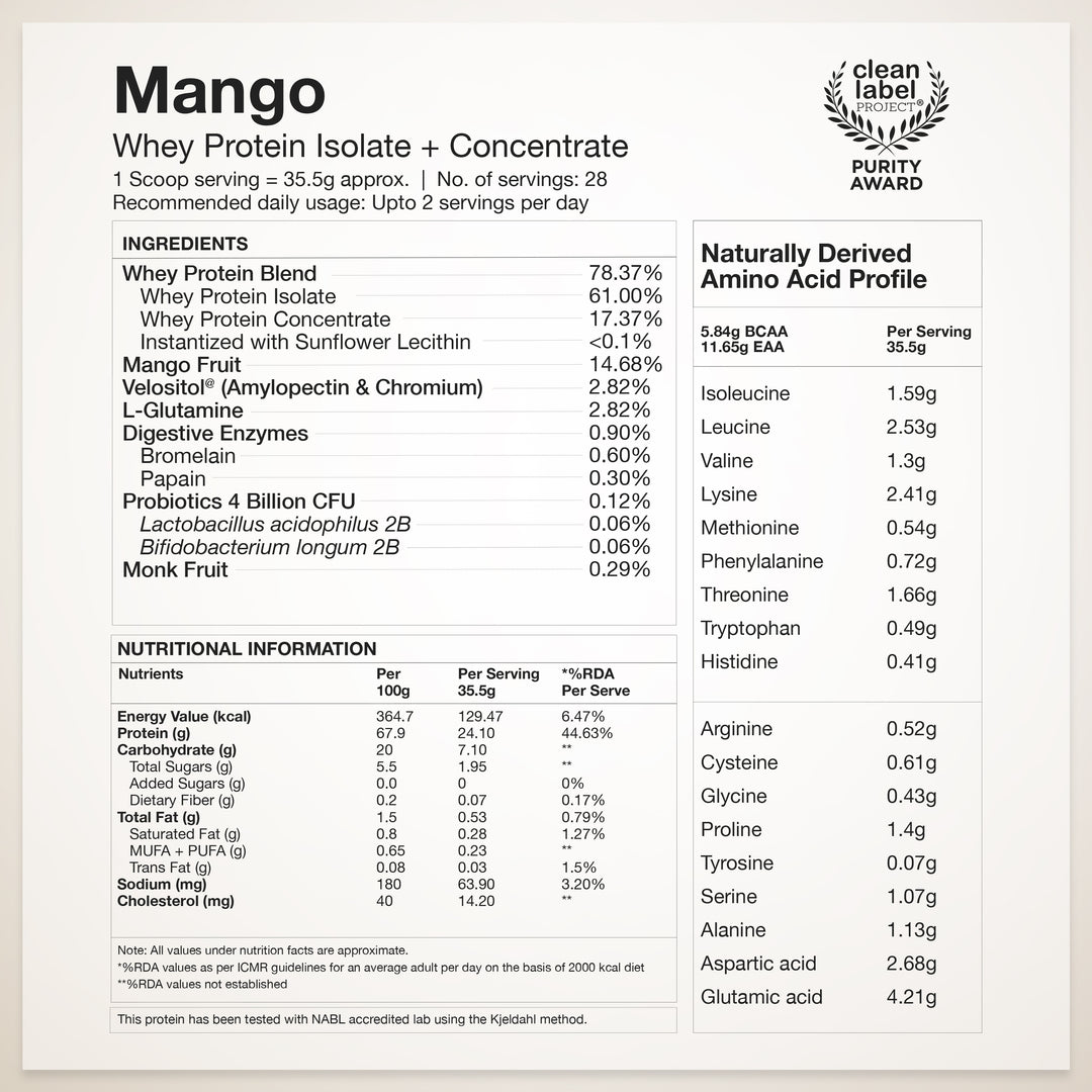 Whey Protein Isolate + Concentrate 24g | 1kg | 4B CFU Probiotics | Mango Flavoured